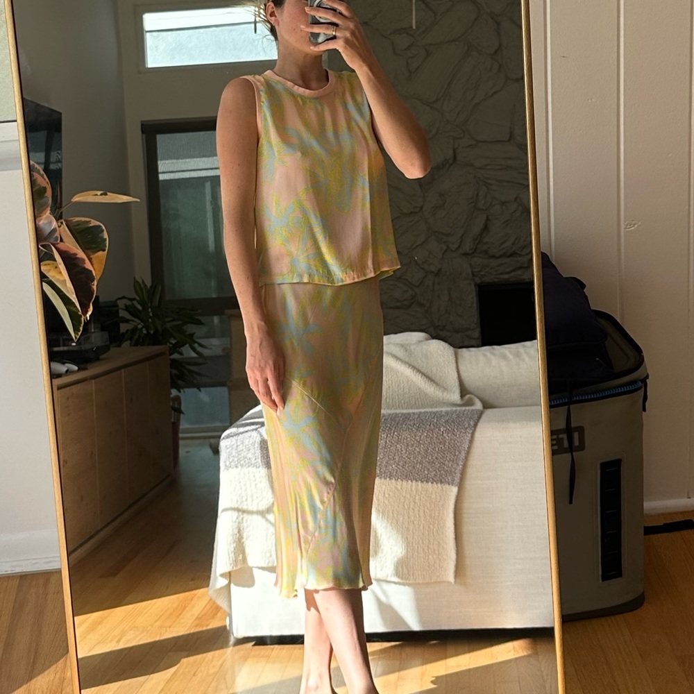 ATM Palm Print Charmeuse Slip Skirt and Top